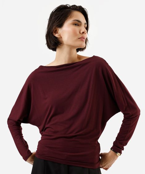 blusa feminina de viscose manga longa decote canoa vinho