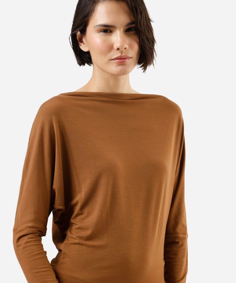 blusa feminina de viscose manga longa decote canoa marrom
