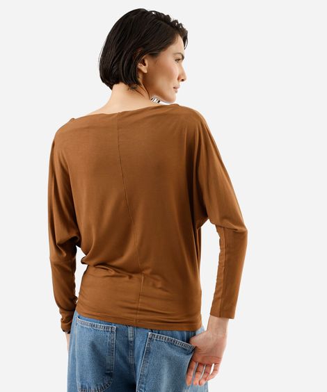 blusa feminina de viscose manga longa decote canoa marrom