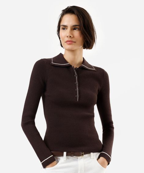 polo feminina de tricot manga longa canelada marrom