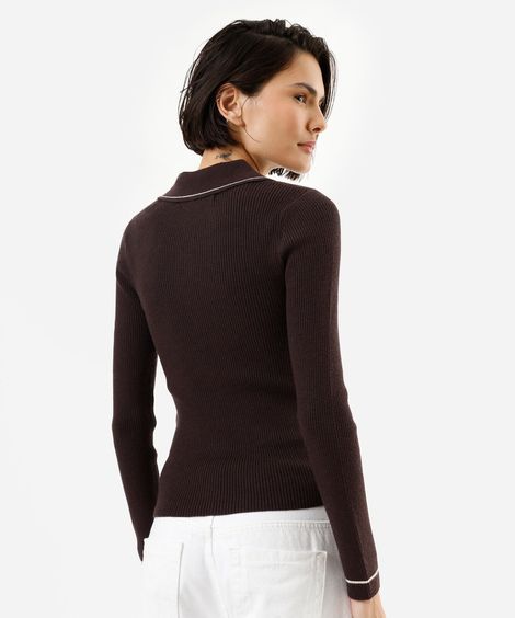 polo feminina de tricot manga longa canelada marrom