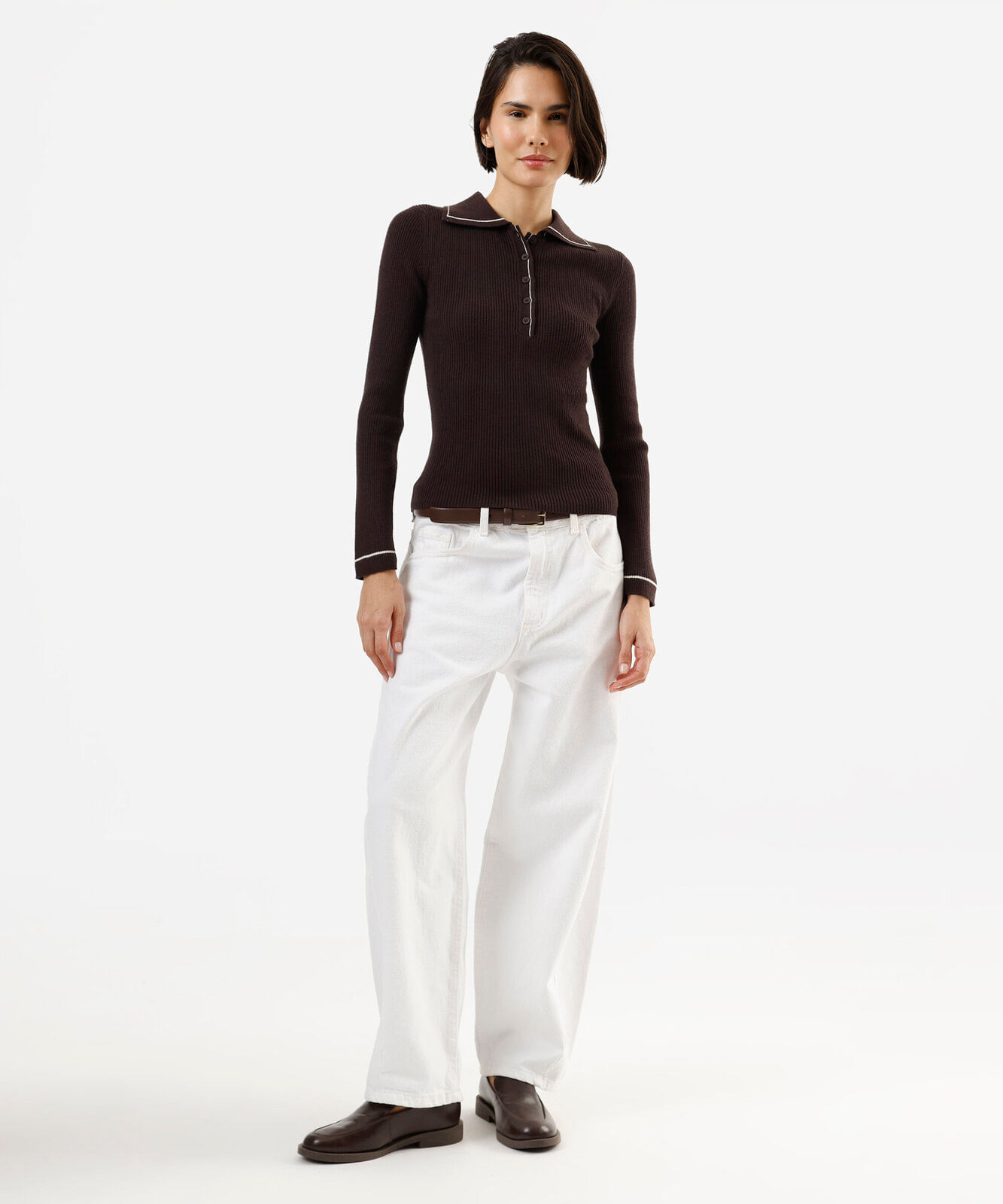 polo feminina de tricot manga longa canelada marrom