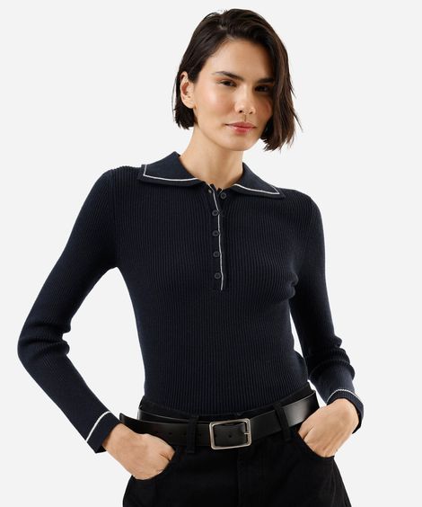 polo feminina de tricot manga longa canelada azul