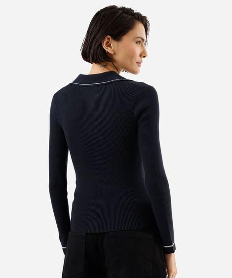 polo feminina de tricot manga longa canelada azul