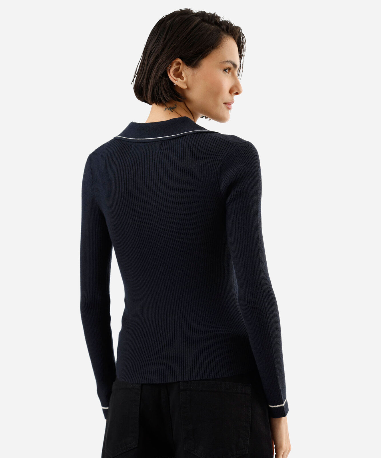 polo feminina de tricot manga longa canelada azul
