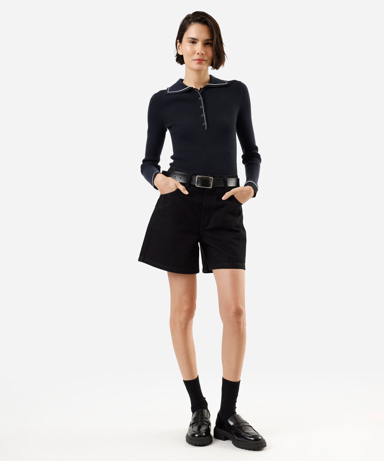 polo feminina de tricot manga longa canelada azul