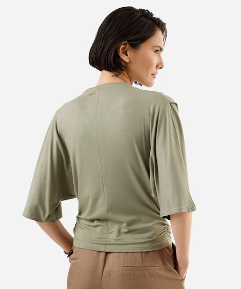 blusa feminina de viscose manga curta com franzidos verde