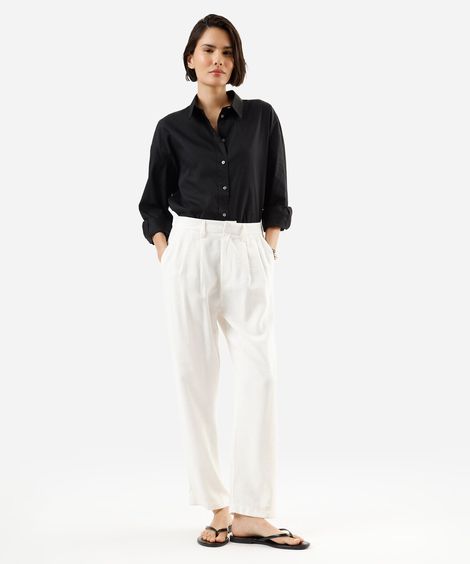 calça reta de alfaiataria feminina com viscose e pregas cós elástico off white