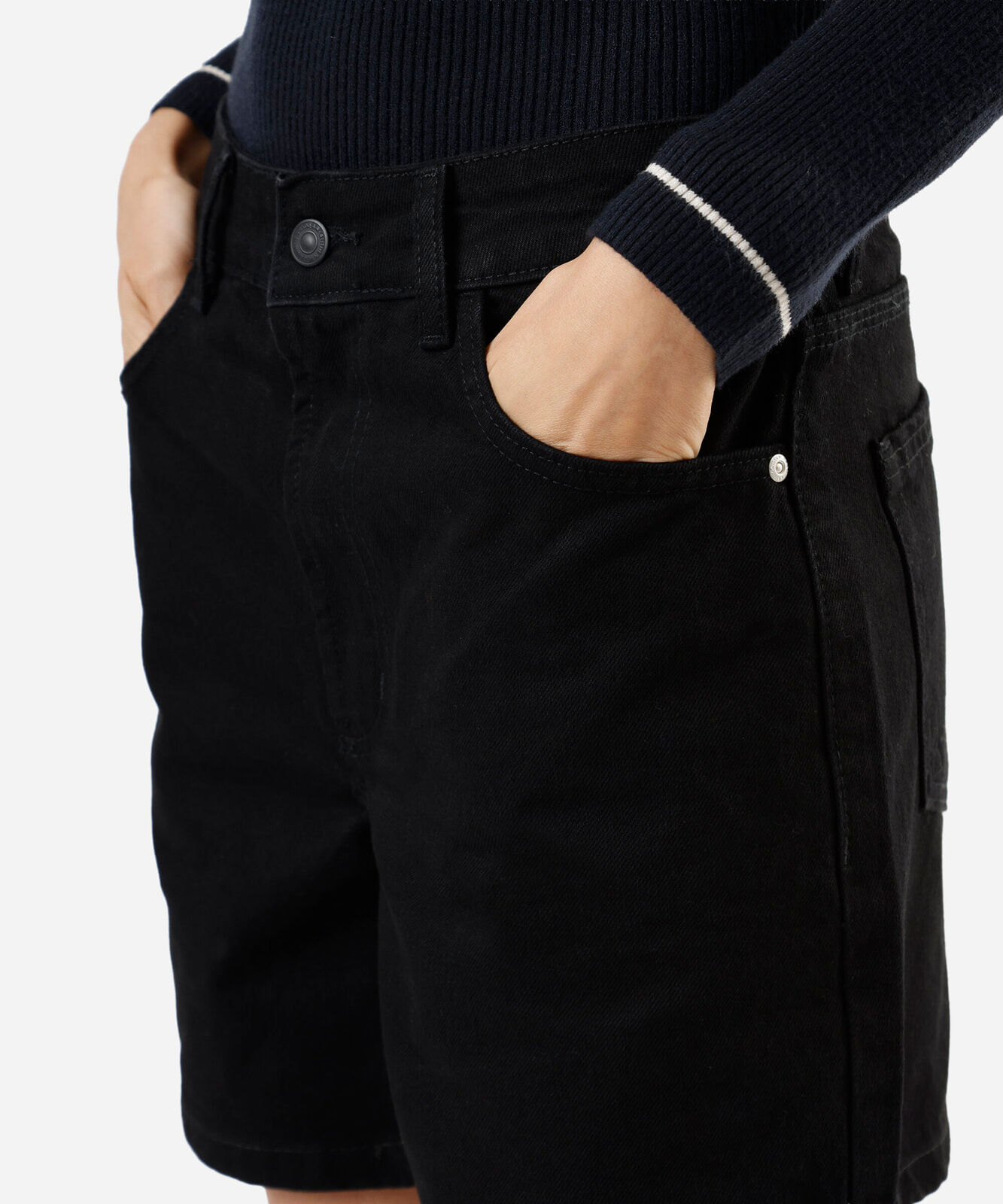bermuda mom feminina jeans cintura média preta