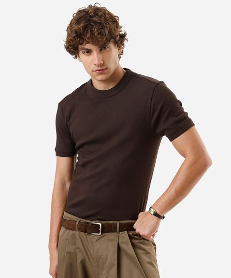 camiseta slim fit masculina de algodão manga curta canelada marrom