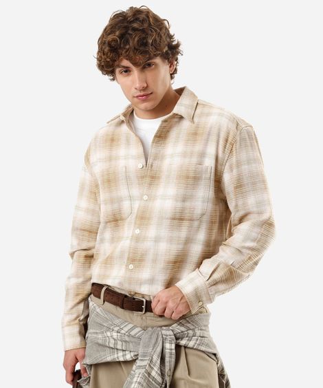 camisa masculina com algodão manga longa xadrez bege