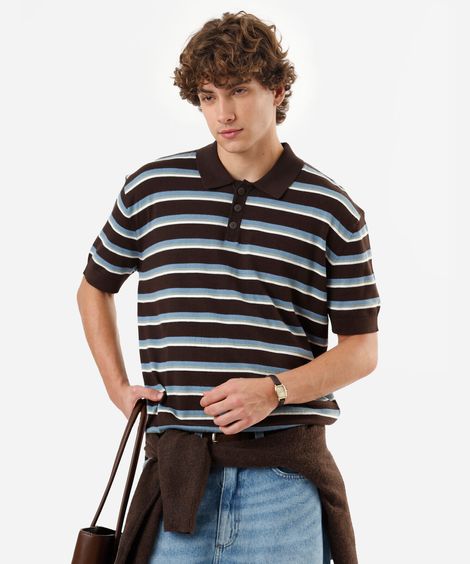 polo masculina de tricot manga curta listrada marrom