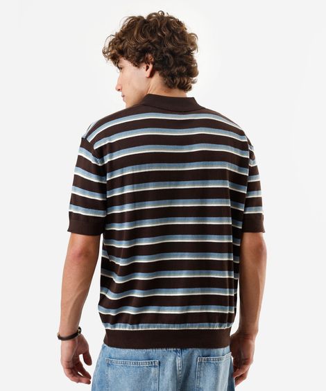 polo masculina de tricot manga curta listrada marrom