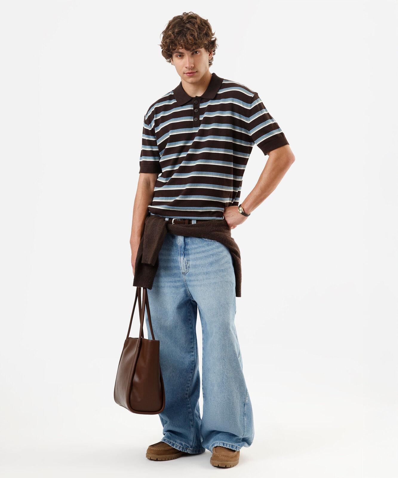 polo masculina de tricot manga curta listrada marrom