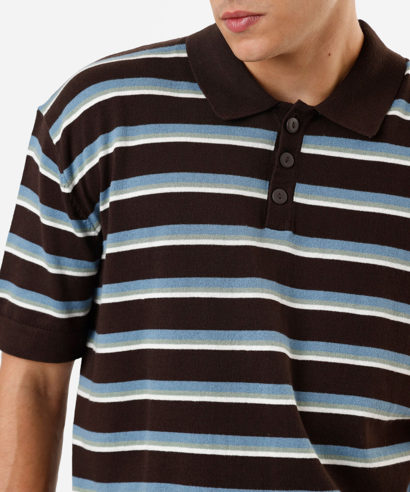 polo masculina de tricot manga curta listrada marrom