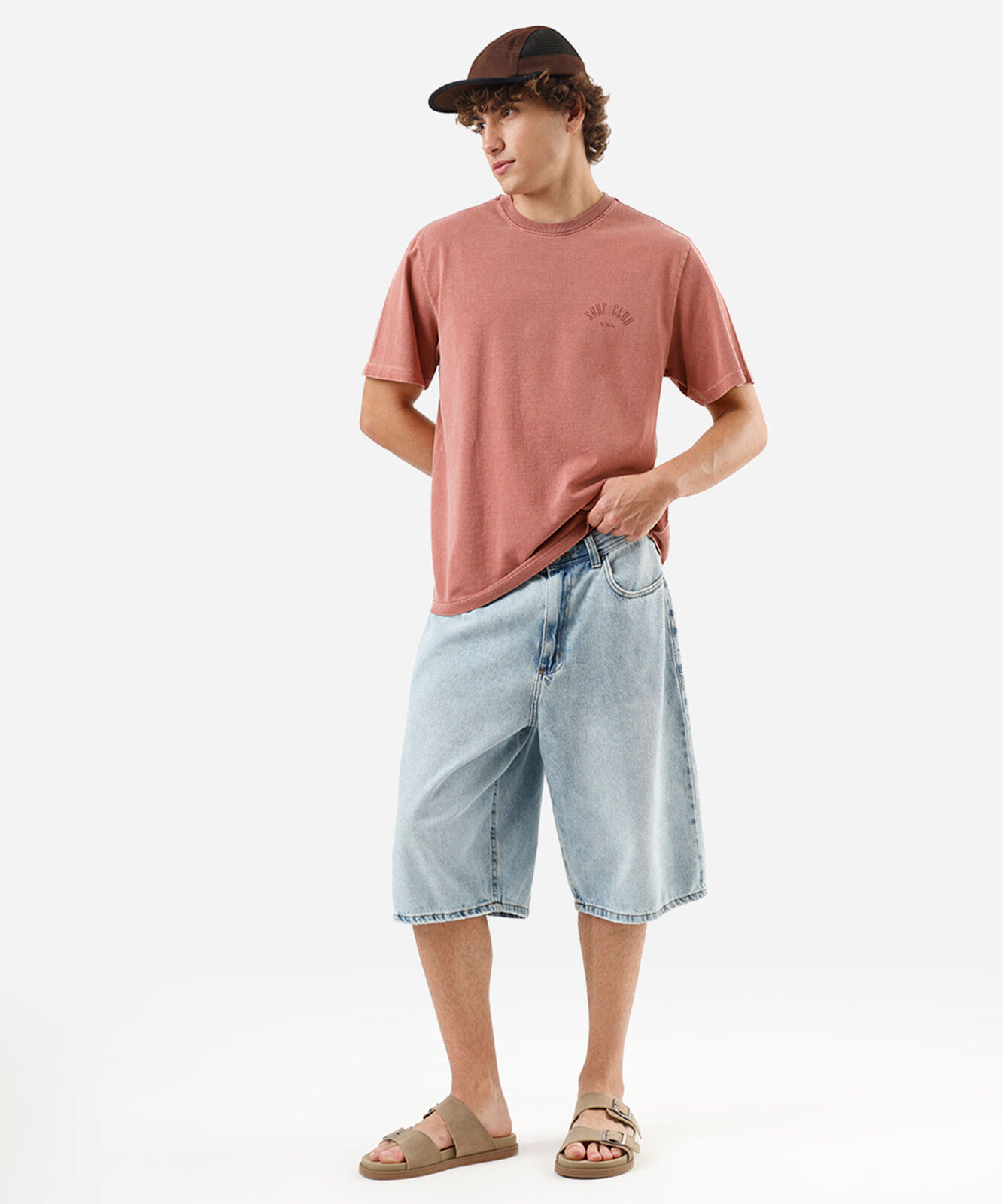 camiseta masculina de algodão estonada estampada rosa