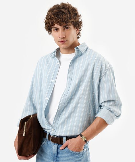 camisa masculina de algodão manga longa listrada azul