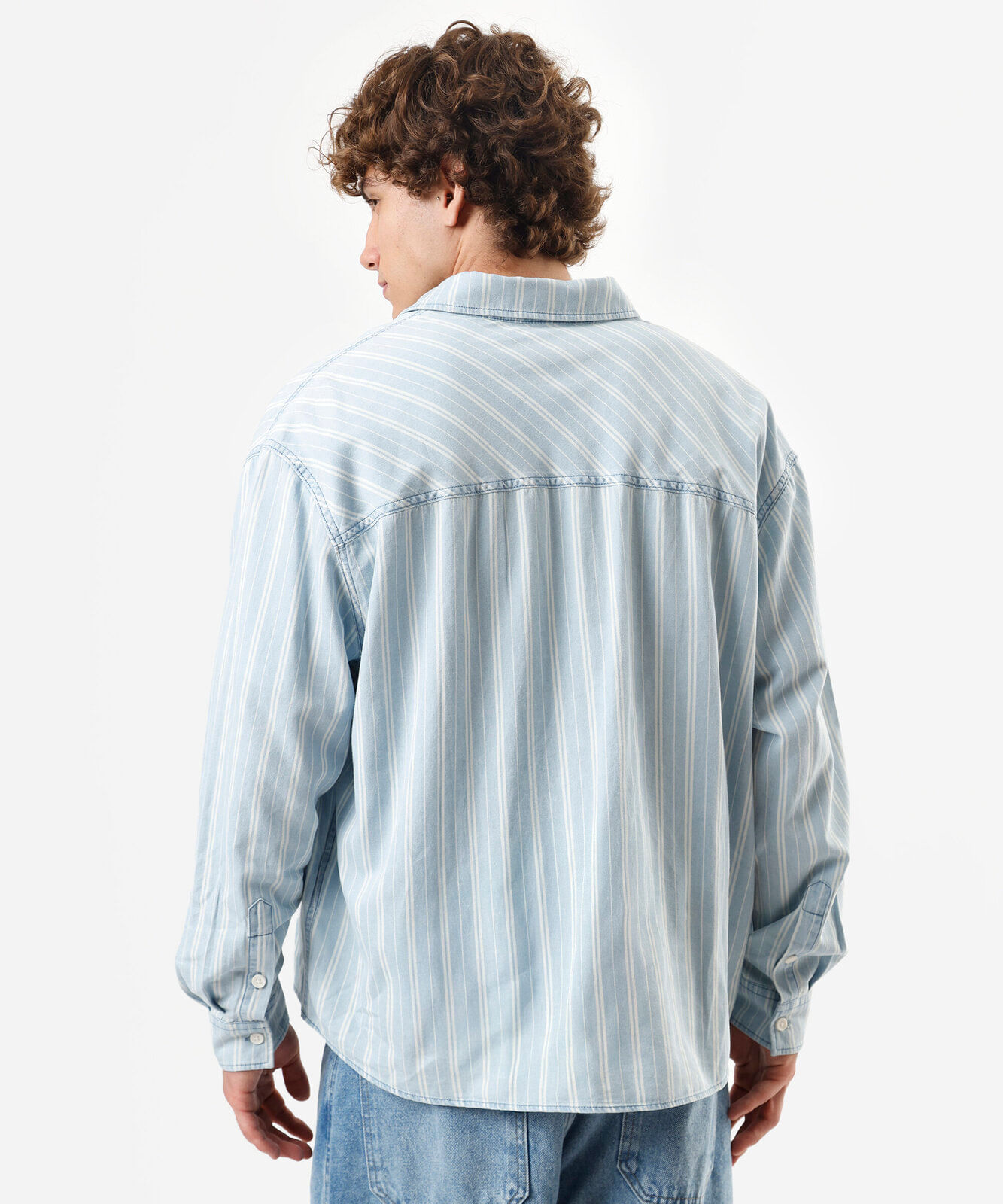 camisa masculina de algodão manga longa listrada azul