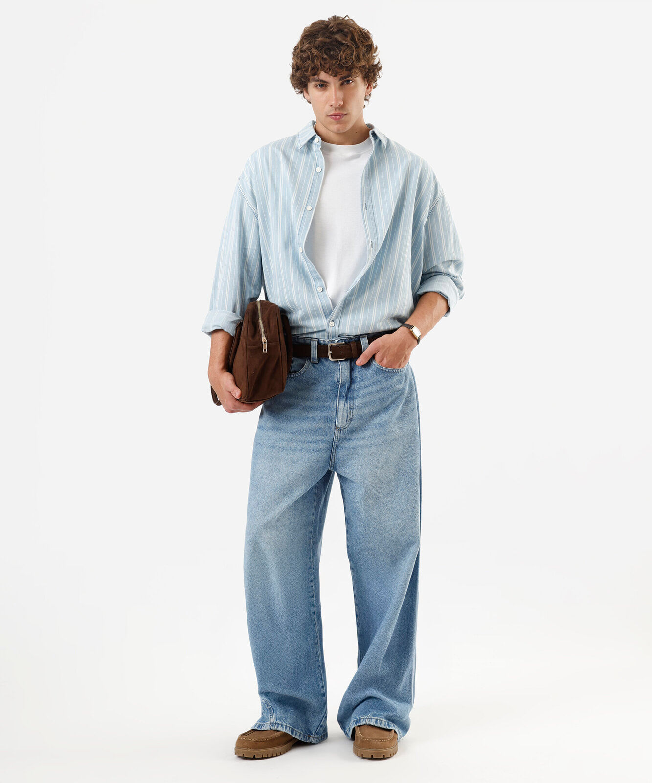 camisa masculina de algodão manga longa listrada azul