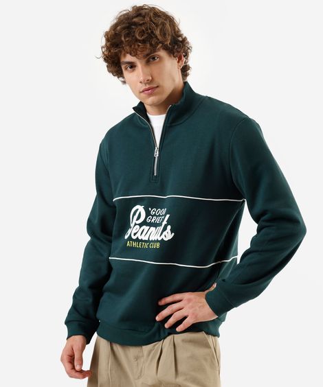 blusão masculino de moletom gola alta peanuts verde
