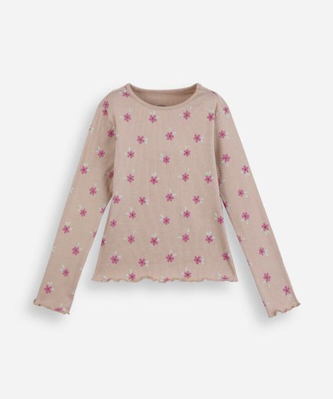 blusa infantil de algodão manga longa canelada floral marrom