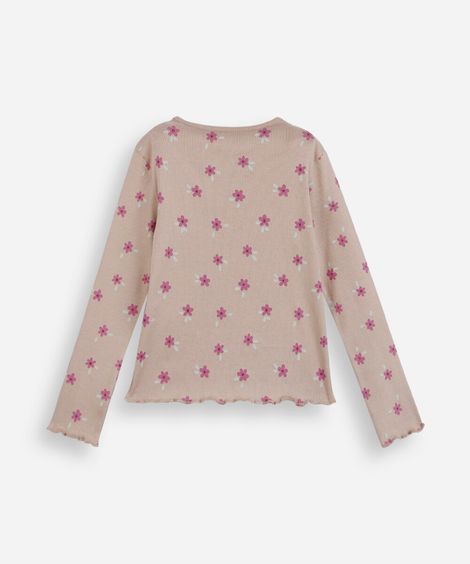 blusa infantil de algodão manga longa canelada floral marrom
