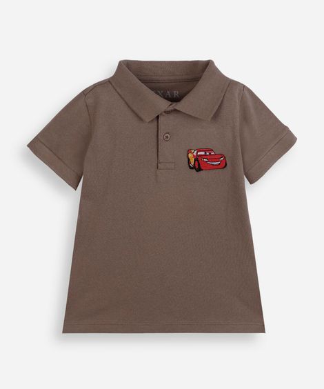 polo infantil de algodão manga curta com bordado carros marrom