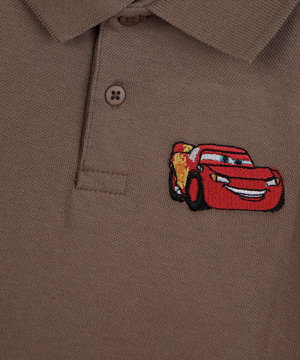 polo infantil de algodão manga curta com bordado carros marrom