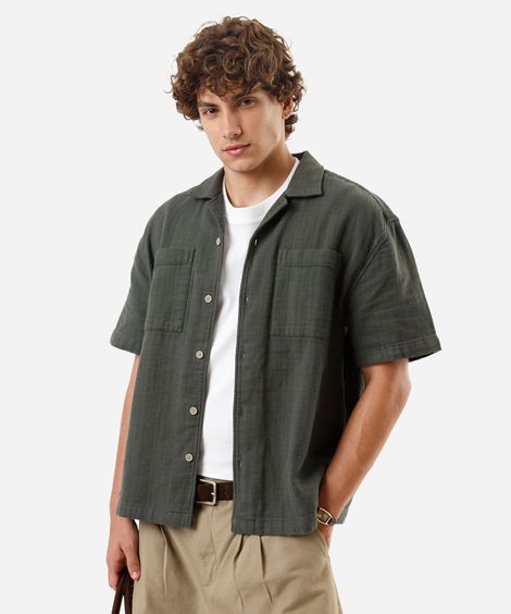 camisa masculina de algodão manga curta texturizada verde