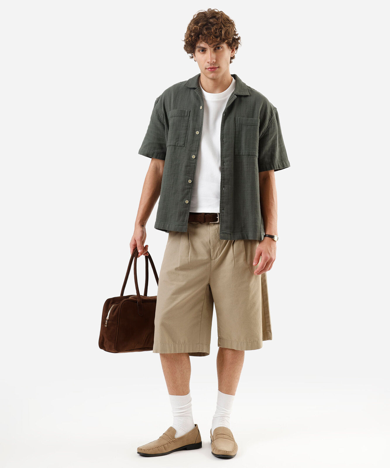 camisa masculina de algodão manga curta texturizada verde