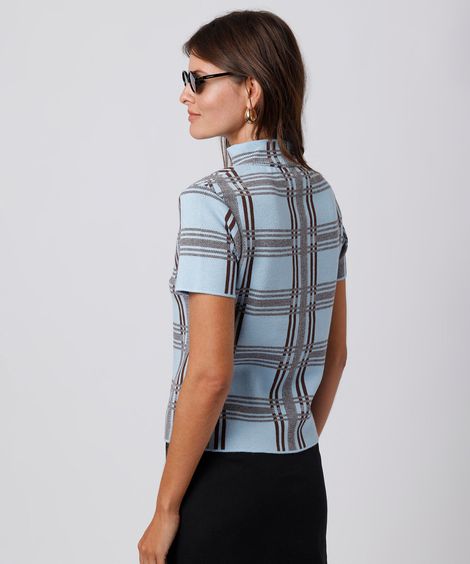 blusa feminina de tricot gola alta xadrez mindset azul