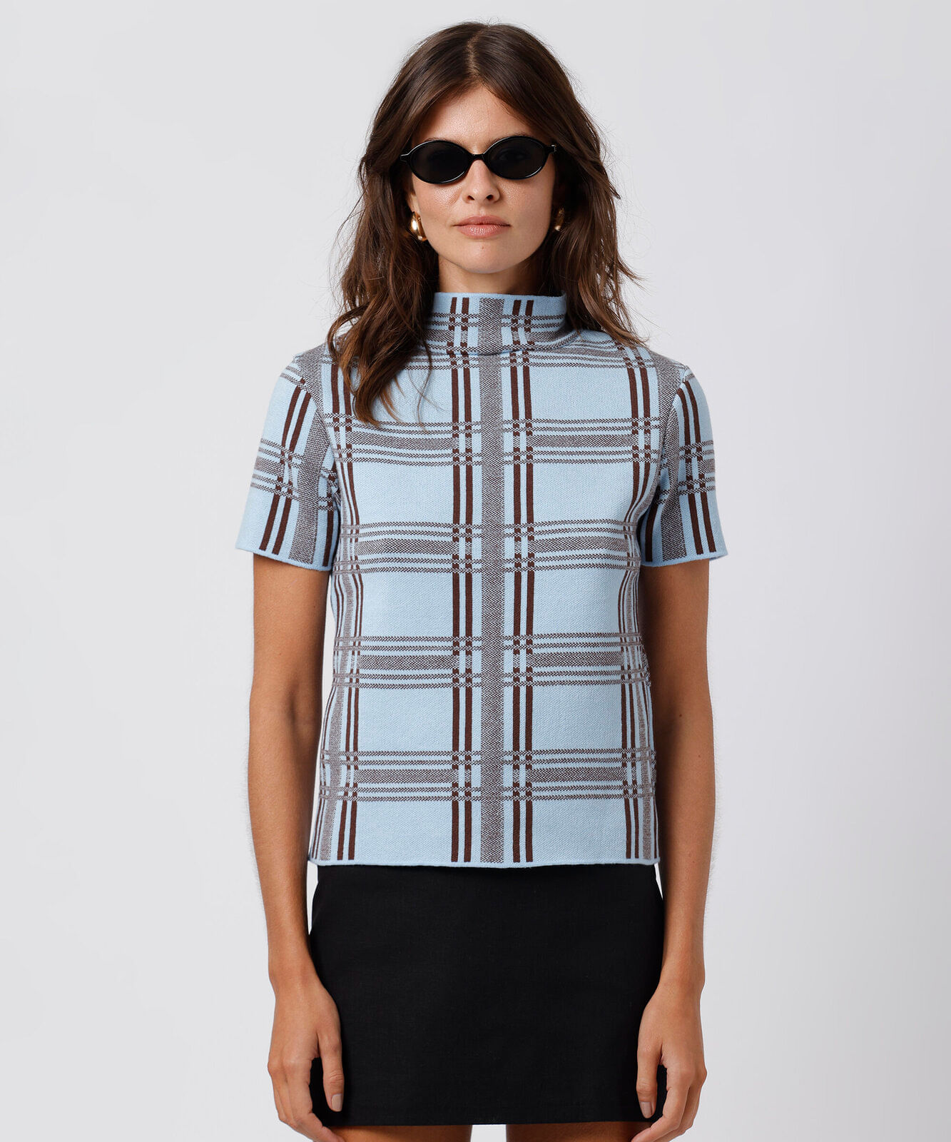 blusa feminina de tricot gola alta xadrez mindset azul