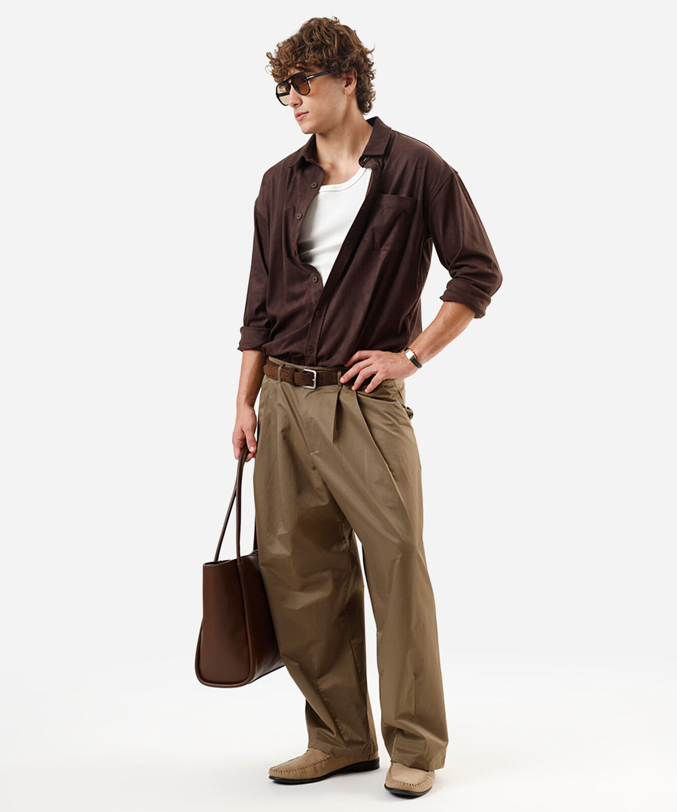 camisa masculina de suede manga longa marrom