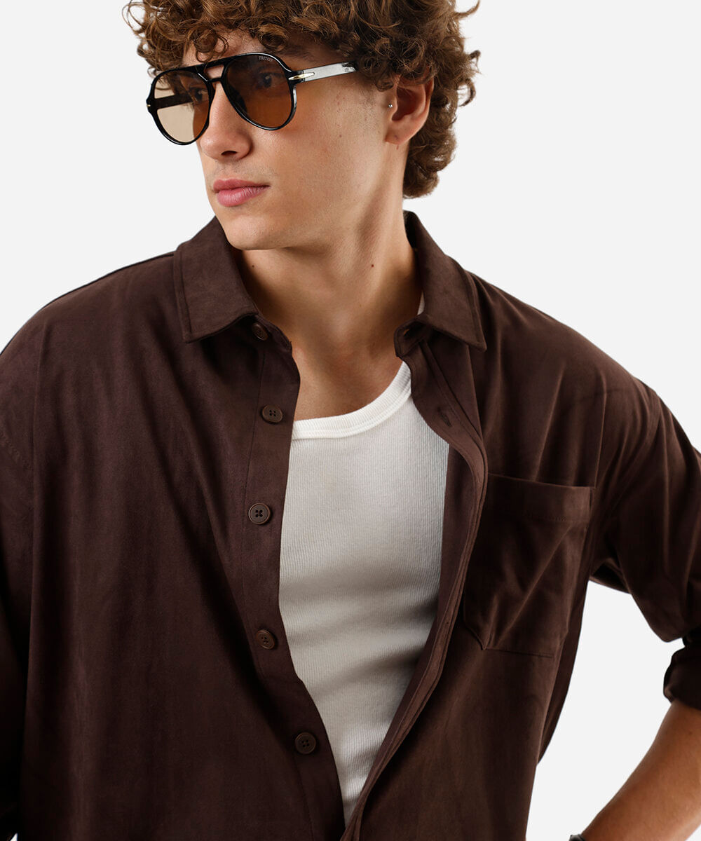 camisa masculina de suede manga longa marrom