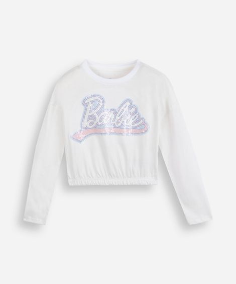 blusa cropped infantil de algodão manga longa bordado barbie off white