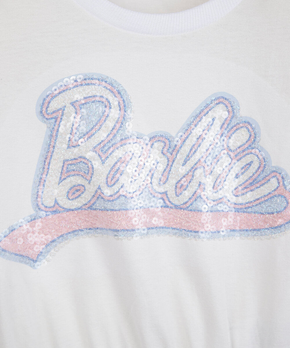 blusa cropped infantil de algodão manga longa bordado barbie off white