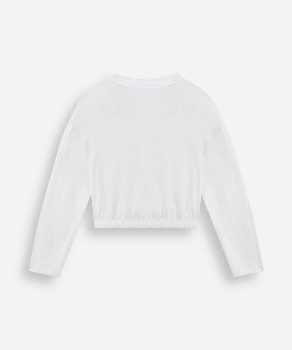 blusa cropped infantil de algodão manga longa bordado barbie off white