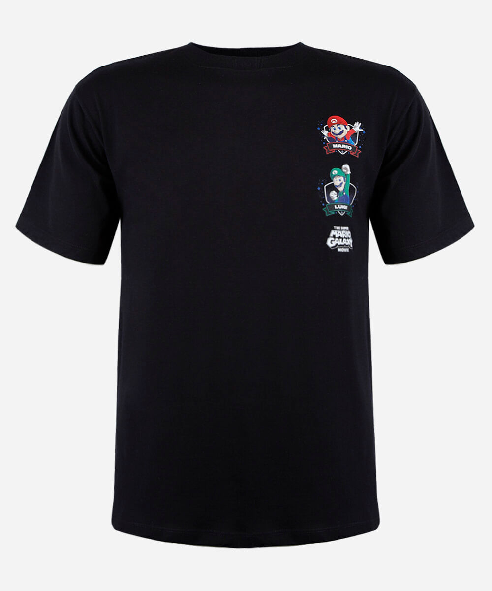 camiseta juvenil de algodão manga curta mario bros preta