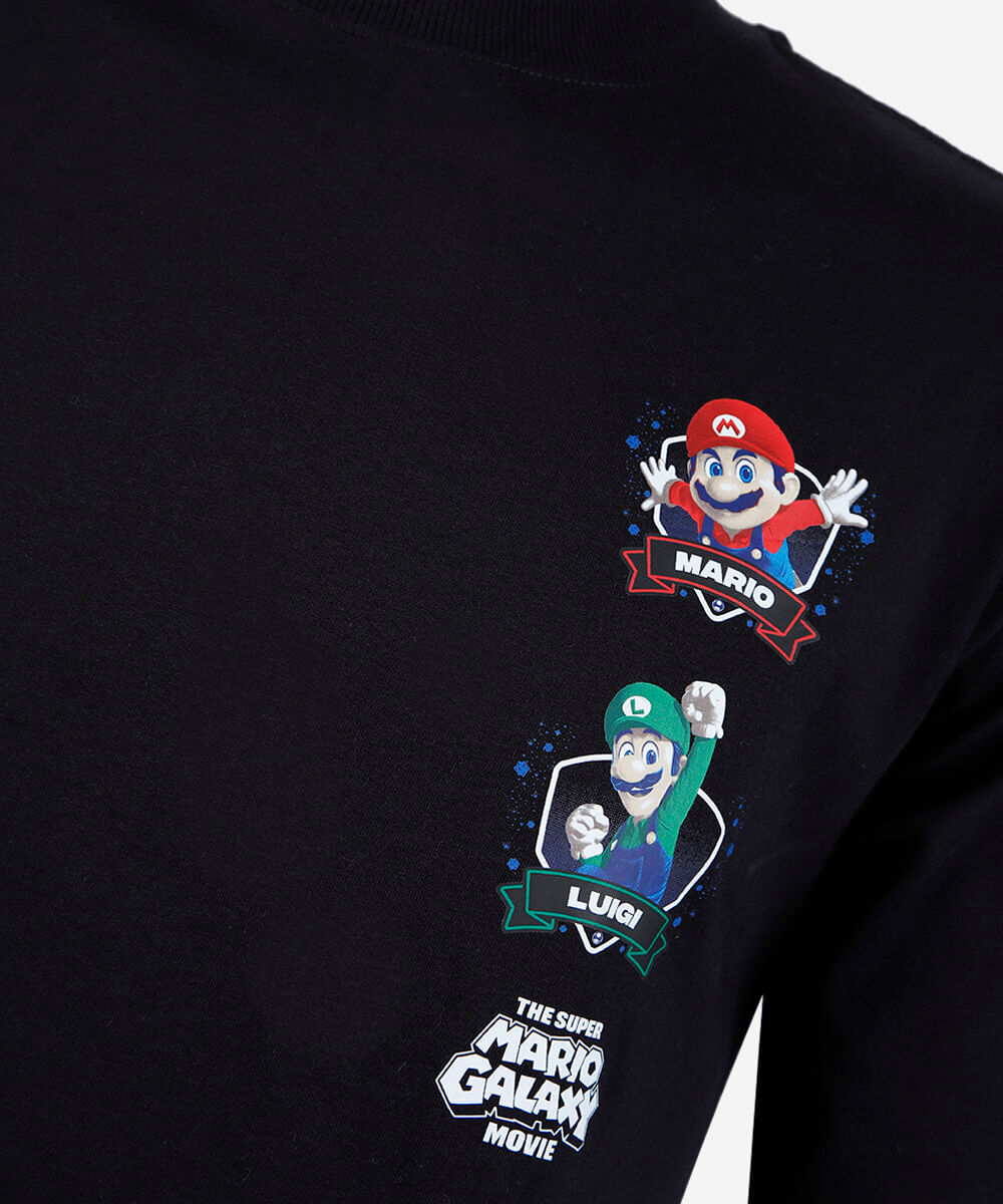 camiseta juvenil de algodão manga curta mario bros preta