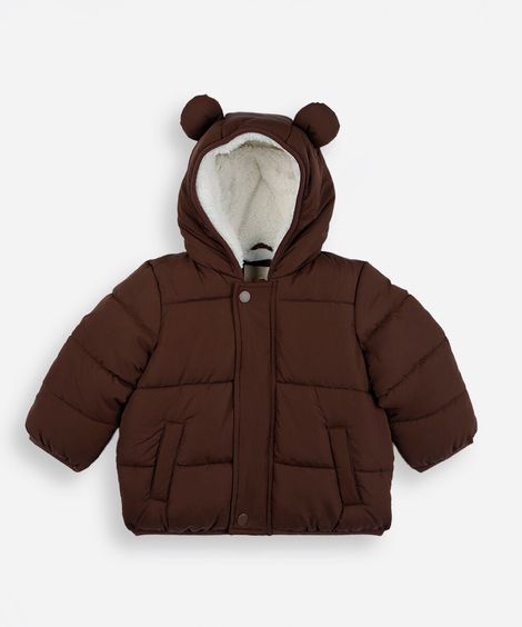 jaqueta puffer infantil com capuz e orelhas marrom