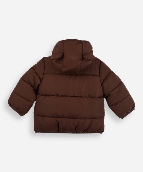 jaqueta puffer infantil com capuz e orelhas marrom