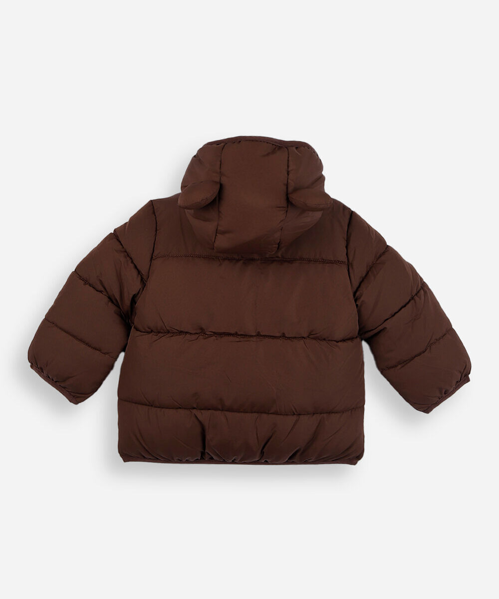 jaqueta puffer infantil com capuz e orelhas marrom