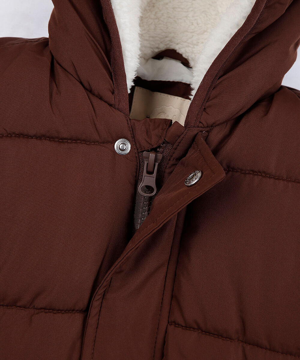 jaqueta puffer infantil com capuz e orelhas marrom