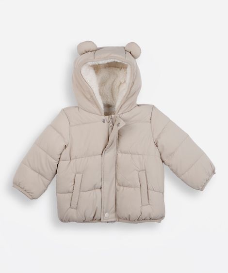 jaqueta puffer infantil com capuz e orelhas bege