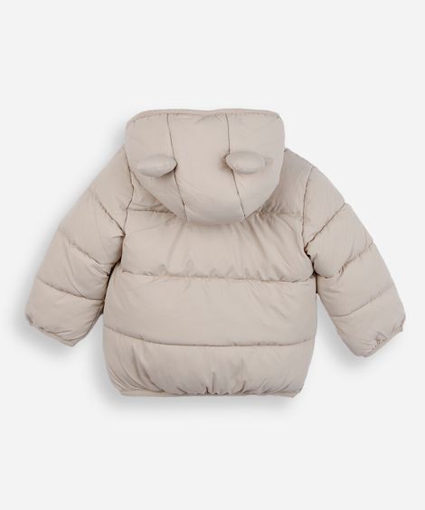 jaqueta puffer infantil com capuz e orelhas bege