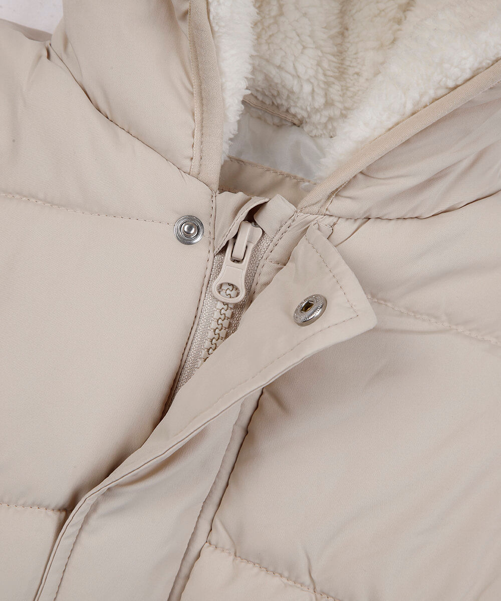 jaqueta puffer infantil com capuz e orelhas bege