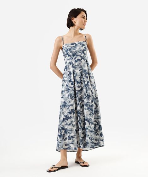 vestido midi alça fina feminino de algodão com pregas floral off white