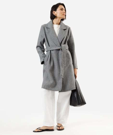 casaco trench coat feminino com faixa texturizado cinza