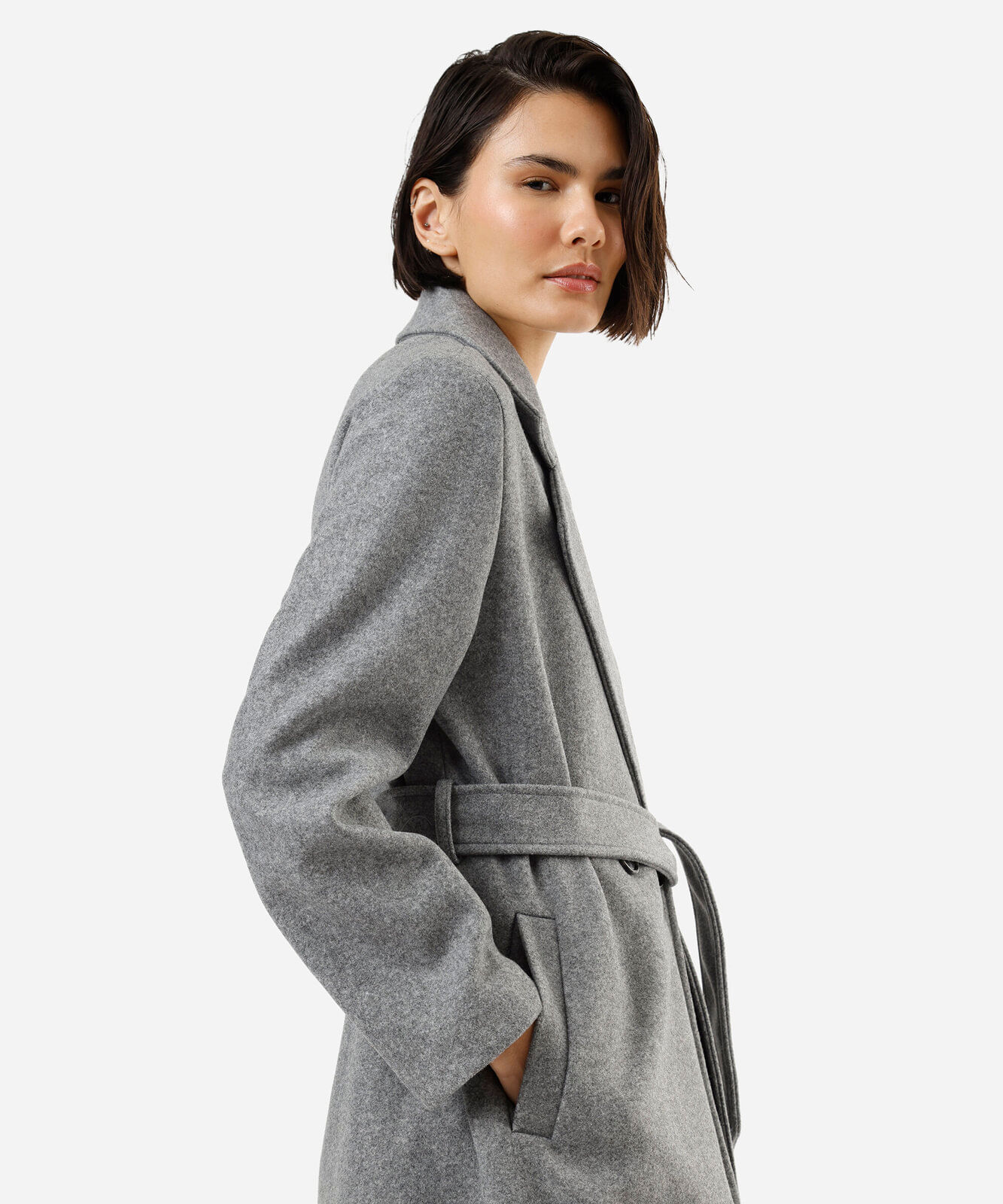 casaco trench coat feminino com faixa texturizado cinza