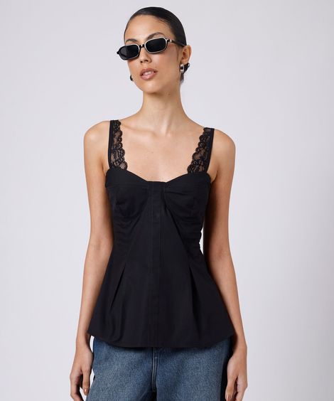 blusa peplum feminina de algodão com renda mindset preta